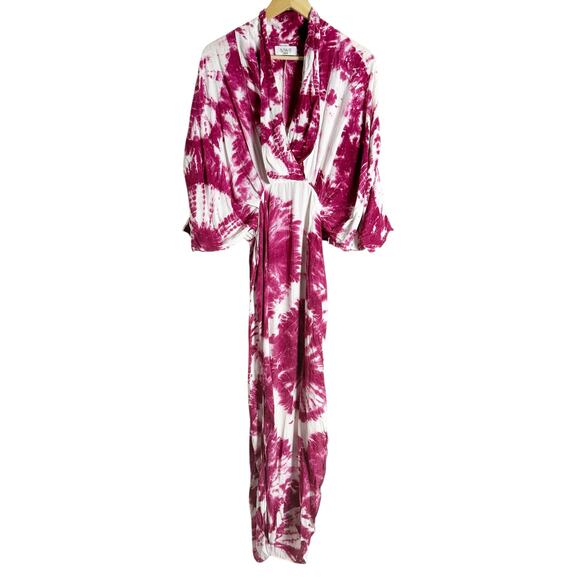 S/W/F Magenta Tie Dye Print Plunge V-Neck Long Sleeve Coastal Maxi Dress Size S - Picture 5 of 14